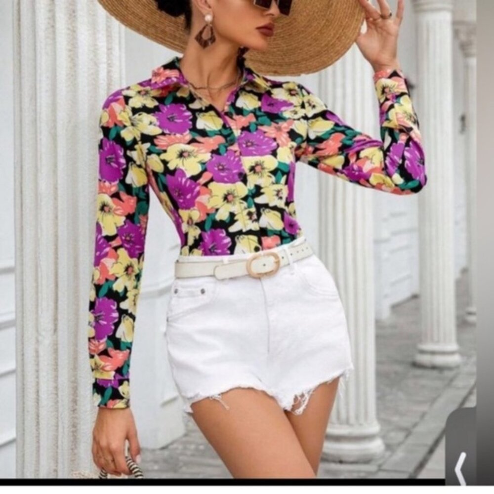 VCAY Full Floral Printed Long Sleeve Women'S Shirt size  S new without tag - Picture 4 of 9